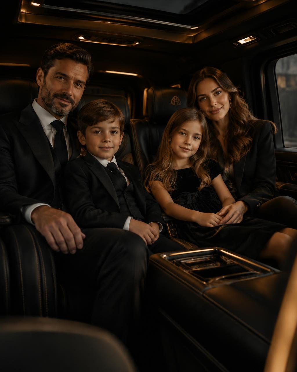 Familia protegida no interior de um SUV de luxo blindado